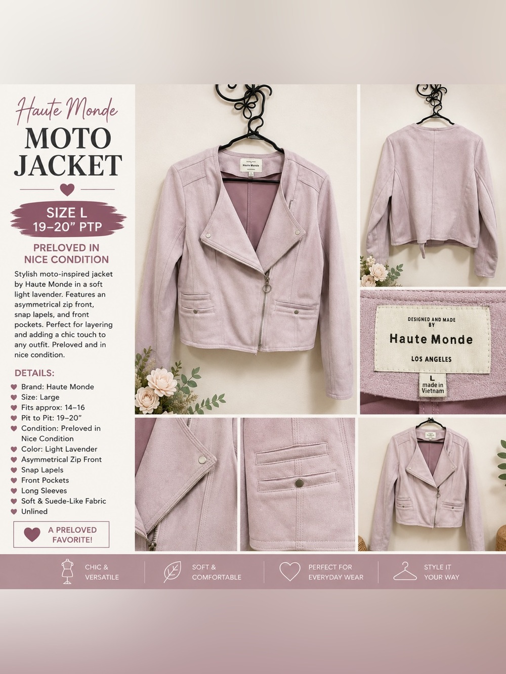 Haute Monde Lilac Asymmetrical Moto Jacket
